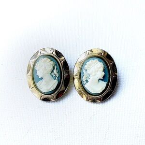 Vintage Cameo Lady Powder Blue Pierced Earrings